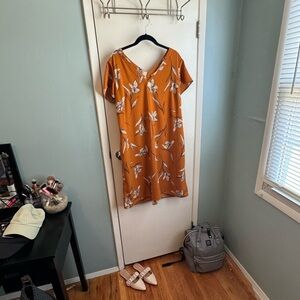 burnt orange shift dress with flower details in large